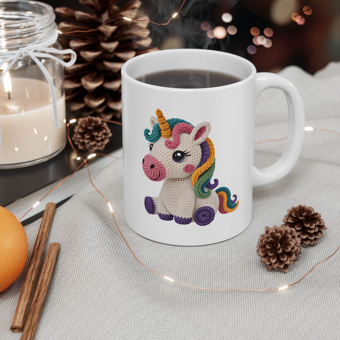 Unicorn Crochet Ceramic Mug — Cute Rainbow Coffee Cup