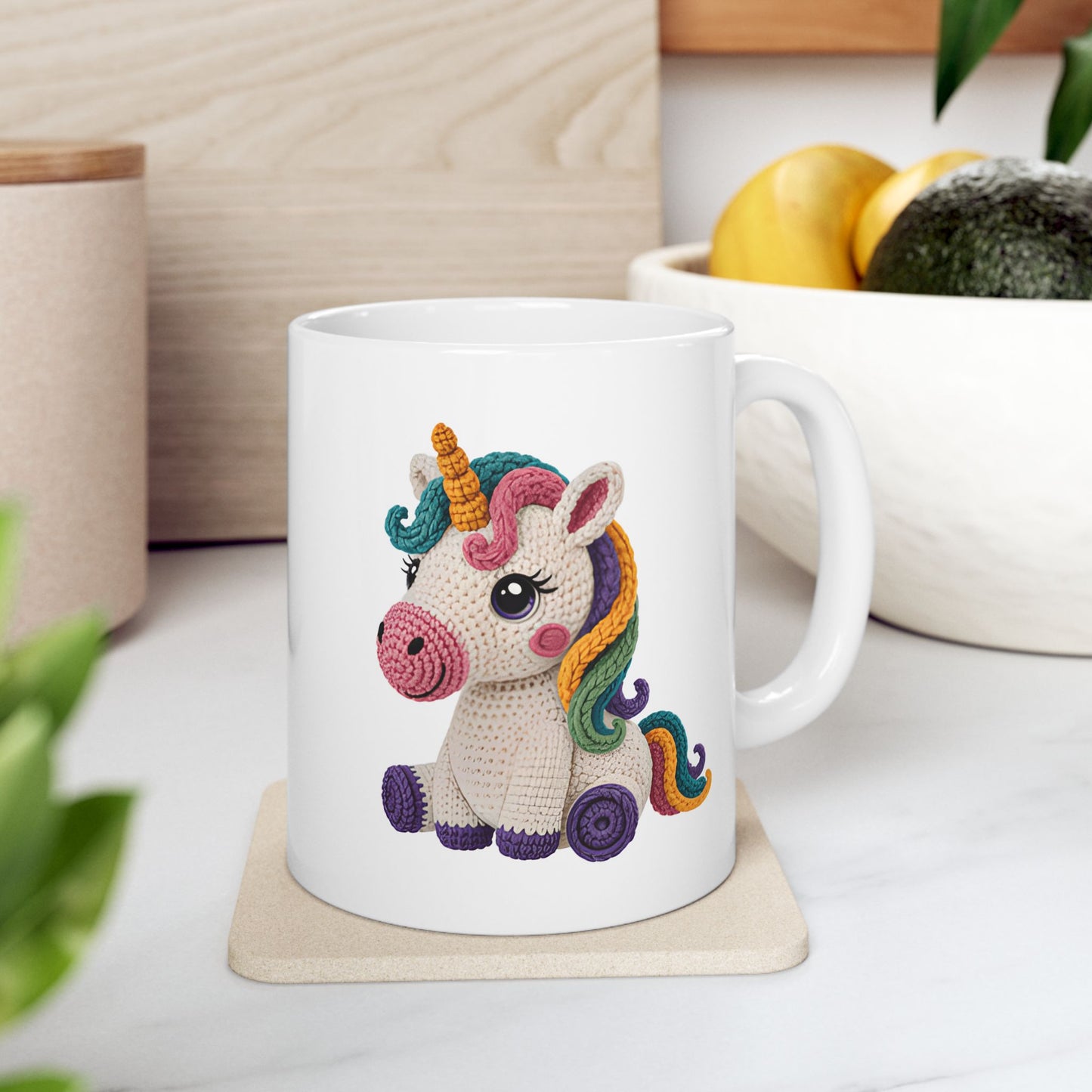 Unicorn Crochet Ceramic Mug — Cute Rainbow  Coffee Cup